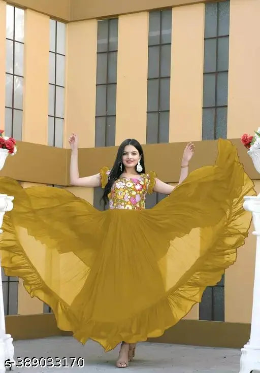 Georgette embroidered floral anarkali gown, sleeveless, India-made