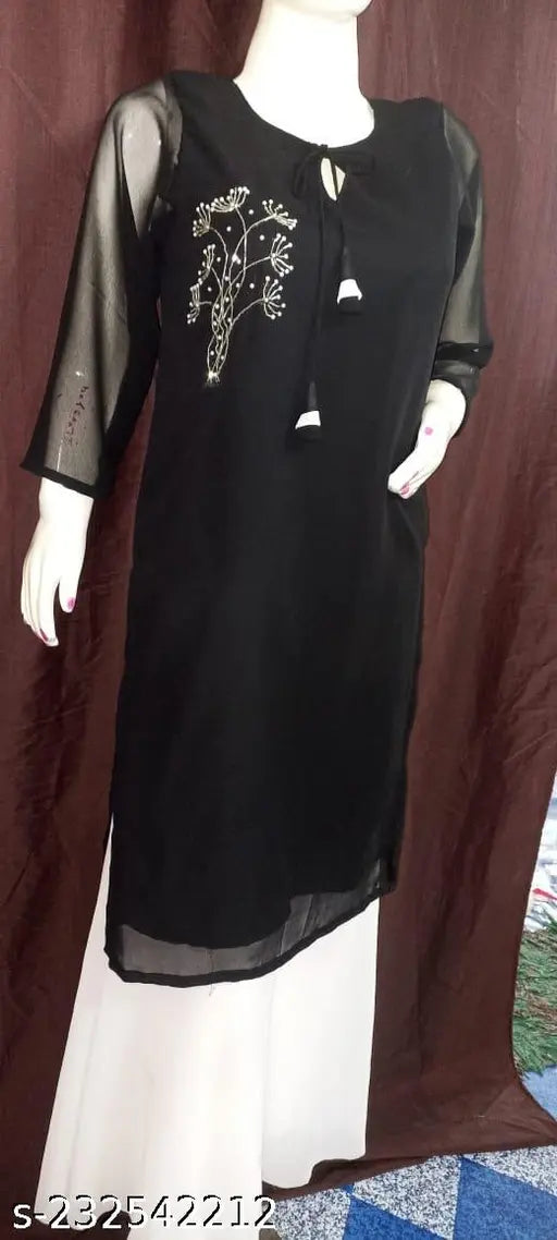 Solid Georgette Sarara Kurti set with Palazzos, three-quarter sleeves, hand embroidery - Indian ethnic wear