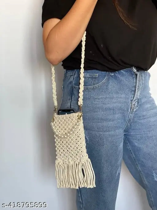 Embellished net polyester small crossbody bag, high-quality Jute material, fits large smartphones below 6.7 inches (iPhone 13, Galaxy A32), versatile for everyday use