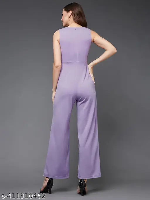 Light lavender polyester wrap jumpsuit, V-neck & zip back, XS-XL sizes