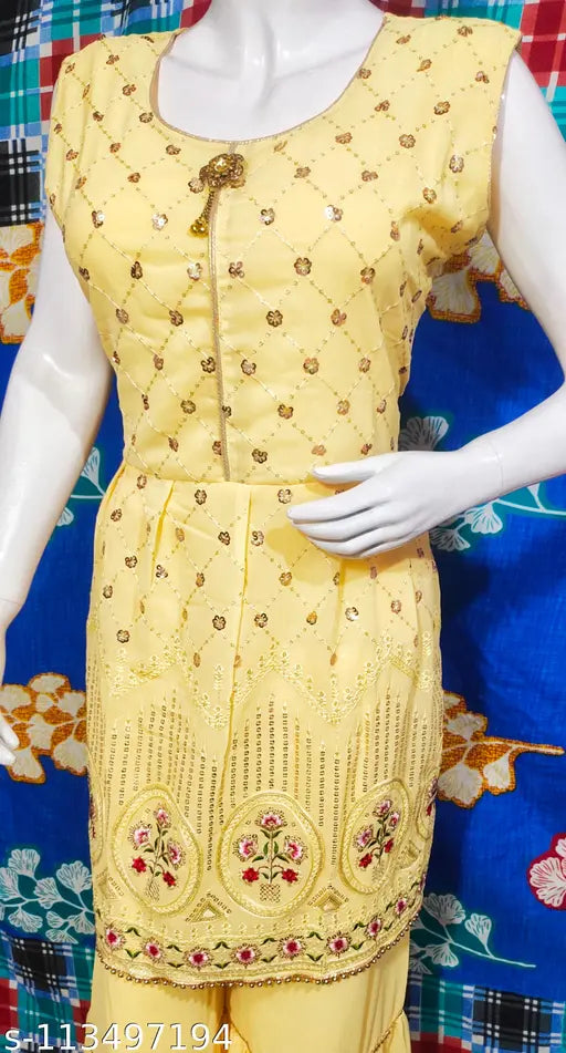 Georgette embroidered Sharara frock set with dupatta, lace work and Ketty details, XL/XXL size, Indian origin