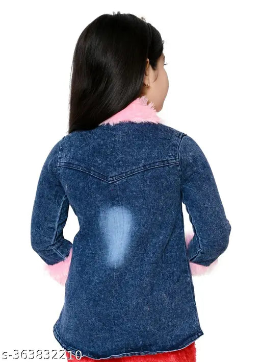 Suede embellished denim jacket for little girls, sequins on sleeves & pocket, premium construction, 100% cotton fleece pullover