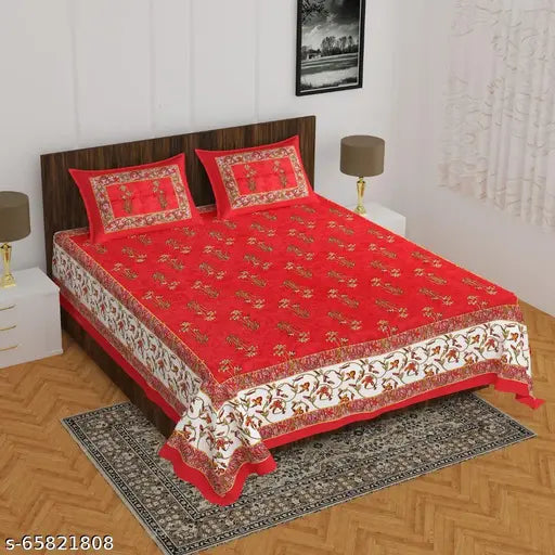 Multicolor Jaipuri cotton flat sheet by Gillkart, ideal for double king beds, comes with 2 pillow covers, India-made