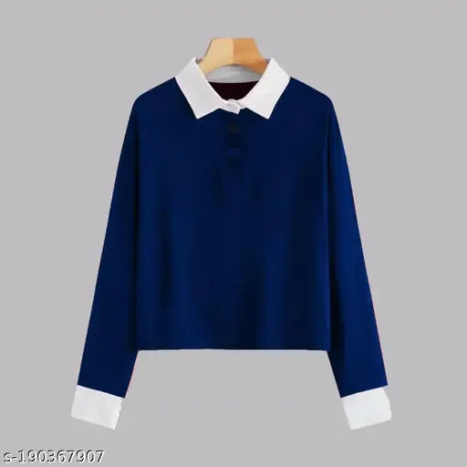 Navy blue cotton blend solid women's long sleeved T-shirt, breathable & soft, perfect for everyday wear, India origin