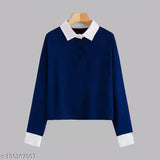 Navy blue cotton blend solid women's long sleeved T-shirt, breathable & soft, perfect for everyday wear, India origin