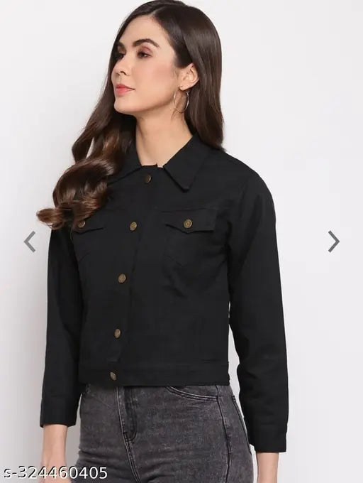 Trendy women's black solid denim jacket with long sleeves, perfect for casual wear