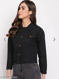Trendy women's black solid denim jacket with long sleeves, perfect for casual wear