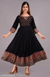 Designer rayon Anarkali printed kurti with three-quarter sleeves, vibrant Indian print on display