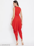 Red plain dhoti jumpsuit, sleeveless crepe women's fit-and-flare floral print for any occasion, India origin