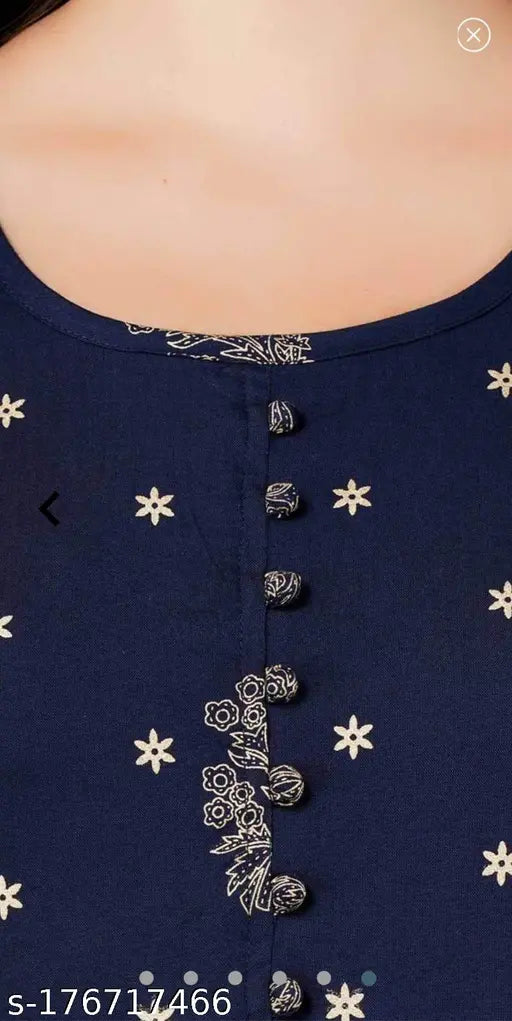 Navy Blue Rayon Three-Quarter Sleeve Printed Kurtis for Women, India