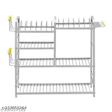 Stainless steel 4-shelf kitchen utensils rack, dishwasher & plate stand with cutlery, glass holders. Modern modular storage rack, 24x24 inches (upper plate design) for efficient kitchen organization