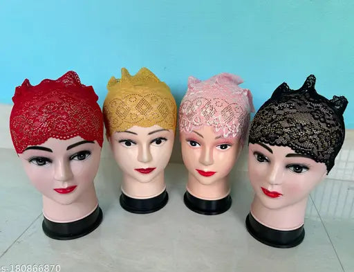 Lycra hijab cap set of 4 with Indian stone work, self-design head wraps