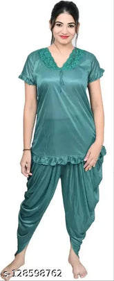 Green satin women's night suit dhoti kurta, comfortable for all-night sleepwear