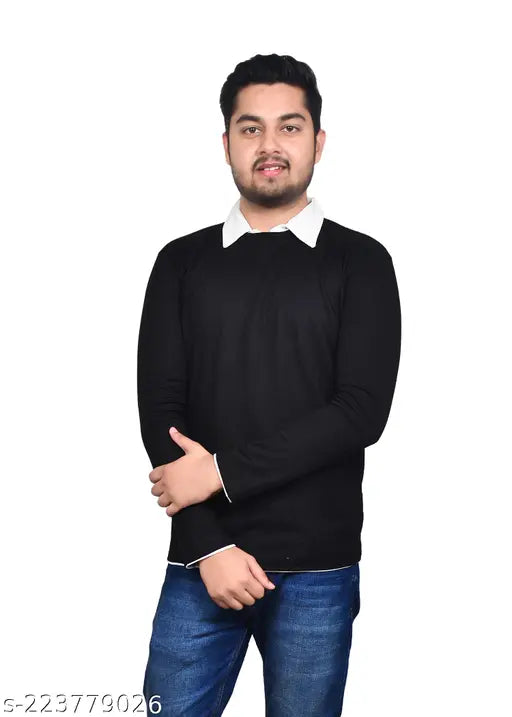 Trendy designer men's long sleeve cotton blend t-shirt, solid color, L/Chest 42in/Length 28in, XL/Chest 44in/Length 29in, India origin