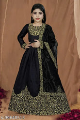 Yellow polyester kids' embroidered Georgette gown, perfect for parties and weddings. Sunshin arkali design with three-quarter sleeves and full chest sleeve