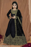 Yellow polyester kids' embroidered Georgette gown, perfect for parties and weddings. Sunshin arkali design with three-quarter sleeves and full chest sleeve