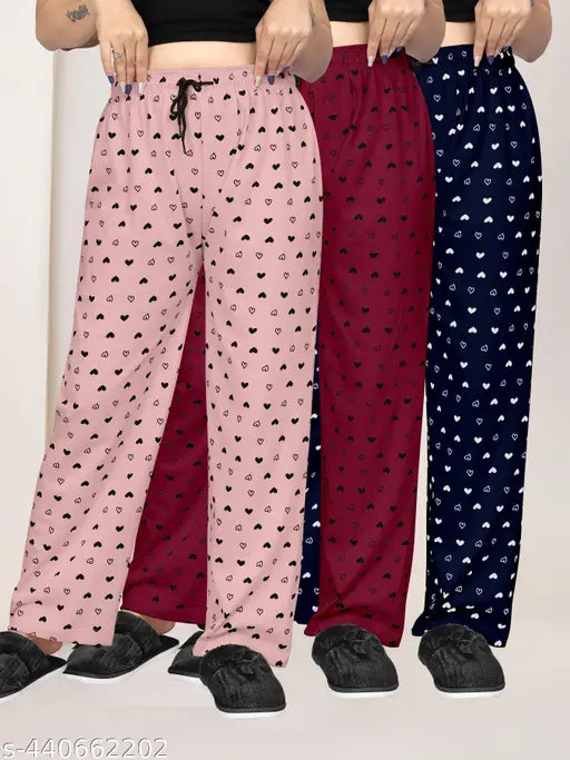 Cotton heart-printed pajama set for women (3-piece), Indian-made, classic cut and relaxing collar design