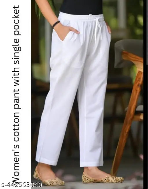 White plane cotton pant, premium 100% cotton, versatile formal or casual wear, half-elasticated waistband, mid-rise, regular fit, Indian-made