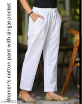 White plane cotton pant, premium 100% cotton, versatile for formal or casual wear, half-elasticated waistband