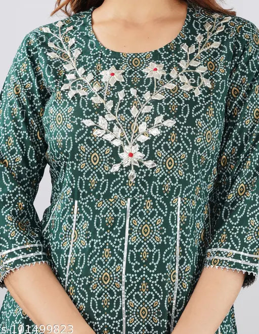 Green Rayon Kurti with printed lace work and three-quarter sleeves. Indian women's fashion piece, available in various sizes from M to 4XL