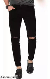 Black polycotton solid net agate jeans for casual and parties, trusted brand - BLACK FIT on display rack. Available in sizes 28, 30, and 32