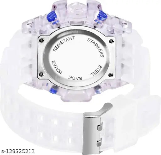 Blue digital transparent shockproof watch, multi-functional with color dial and white strap, waterproof sports watch for men or boys