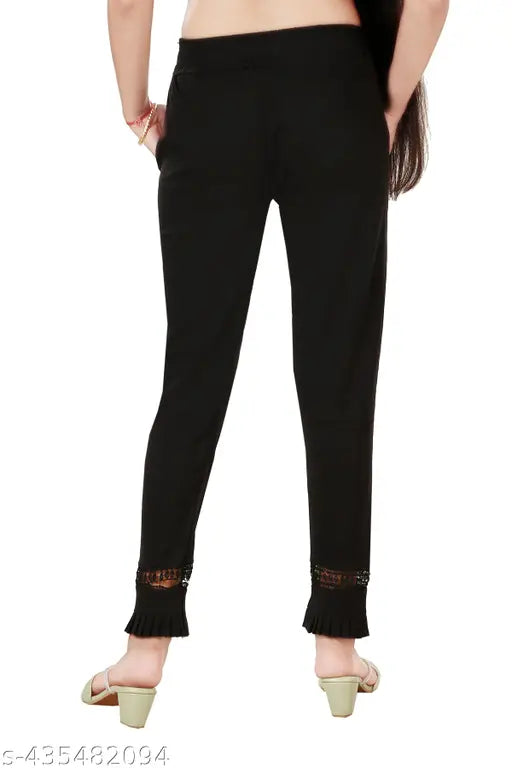 Solid cotton blend trendy pack of 2 L/XL women's pencil trousers with lace panel, semi-formal for casual, office, or party use