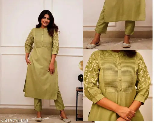 Multicolor embroidered women's cotton blend kurta set with pants, featuring mandarin collar and lace detailing, suitable for various occasions