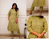 Multicolor embroidered women's cotton blend kurta set with pants, featuring mandarin collar and lace detailing, suitable for various occasions