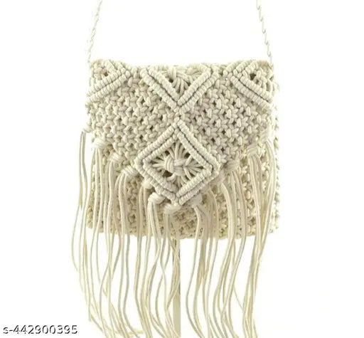 Natural cotton dori macrame cross bag, perfect for beach or casual outings, single compartment with zip closure