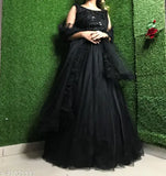 Jute silk and net lehenga with matching dupatta set, solid print and pattern, semi-stitched (38" waist, 42" length), black Chaniya Choli combo from Aagyeyi fashion for black lovers