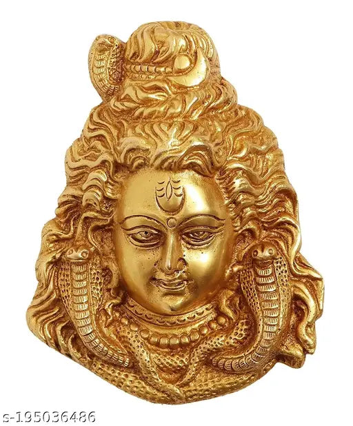 Brass Shiva face statue, handicraft artifact for Indian home decor and gift, antique look, Shiva wall hanging from India