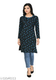 Navy blue woolen women's short kurti with long sleeves, printed pattern in combination, available in multiple sizes (M-XXXXL) for winter style and comfort