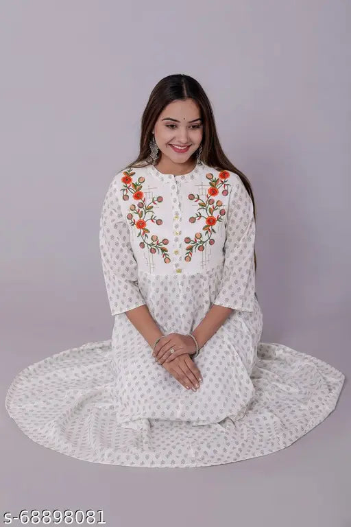Embroidered cotton long anarkali kurti, three-quarter sleeves, women's traditional Indian wear