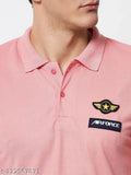 Light pink cotton blend mens collar neck half sleeve t-shirt on mannequin with printed design, regular fit, short sleeves