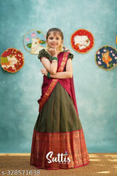 Art Silk South Indian Lehenga Choli unstitched set, solid pattern for girls aged 0-10 years, Indian origin