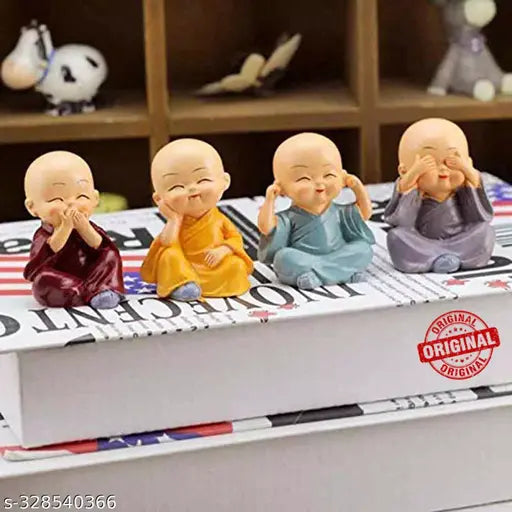 Resin mini Buddha statues set, 4 pieces for home decor or car dashboard, Indian-made figurines for Diwali gifts