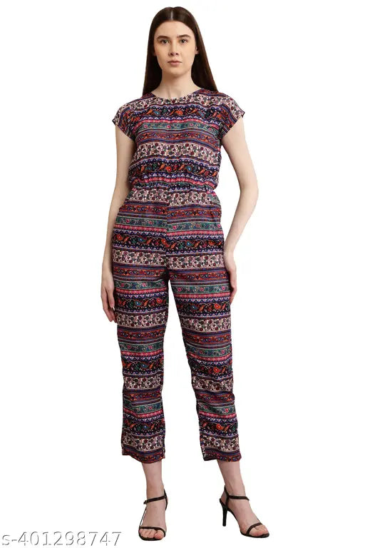 Multi floral print crepe jumpsuit for women and girls, trendy summer outfit on mannequin