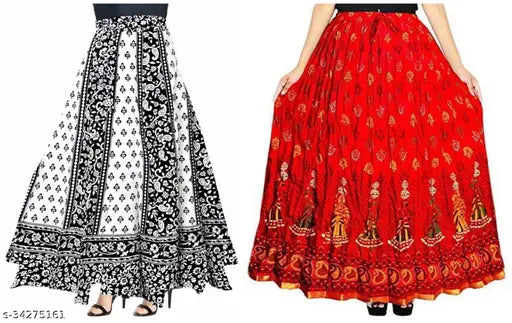 Jaipuri cotton multicolor print skirts combo: 1 wrap around skirt + 1 A-line skirt. Sizes 38, 40, 42, free size (Indian crafted traditional apparel)