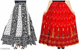 Jaipuri cotton multicolor print skirts combo: 1 wrap around skirt + 1 A-line skirt. Sizes 38, 40, 42, free size (Indian crafted traditional apparel)