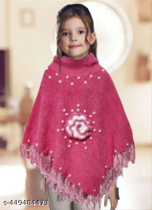 Red woolen kids winter poncho with self-design pattern, ideal for chilly winter days