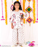 White floral cotton kurti-sharara set with gota detailing, three-quarter sleeves. Traditional ethnic little girl's outfit in soothing white and eye-catching floral print. Indian made, available in sizes from 6-12 months to 8-9 years