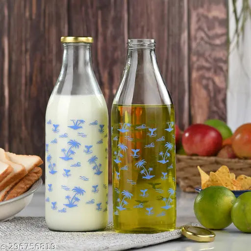 Blue Tree Glass WaterMilk Bottles (1000ML, pack of 8) - eco-friendly, reusable, leak-proof, dishwasher safe