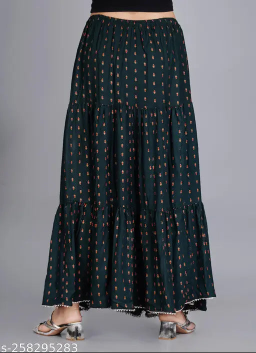 Green printed rayon long skirt for women, vibrant pattern on display stand