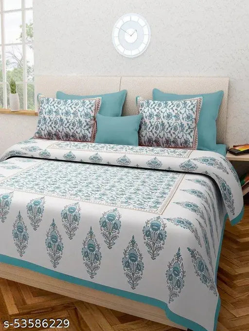 Jaipuri pure cotton double bed sheets & pillow covers, floral pattern, 160 thread count, India-made