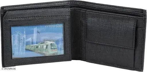 Modern black faux leather bi-fold wallet, perfect for men's daily essentials, features 2 compartments and a coin pocket. Ideal gift for him. Made in India