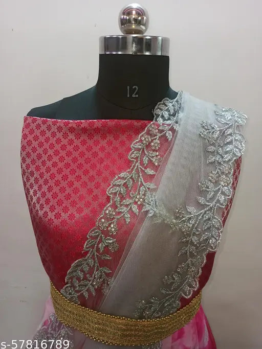 Unstitched pink organza lehenga, silver dupatta set with embroidered net and embellished belt. Indian ethnic motif design