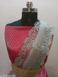 Unstitched pink organza lehenga, silver dupatta set with embroidered net and embellished belt. Indian ethnic motif design