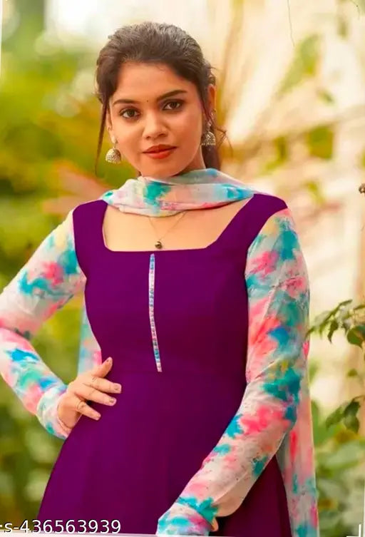 Wine-colored Georgette gown with long sleeves and matching printed dupatta, pastel shades, Indian origin