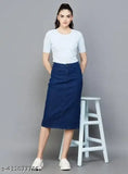 Denim straight skirt, solid blue, size 32, made in India (stretchable denim skirt on mannequin)